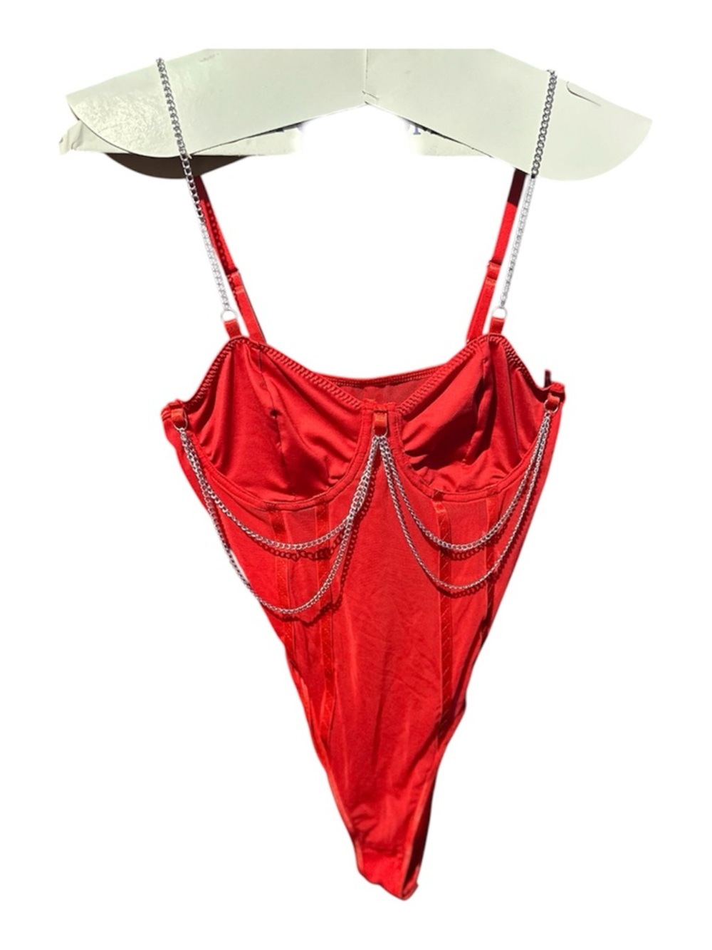SHEIN Red Chain-Detail Bandeau Bodysuit